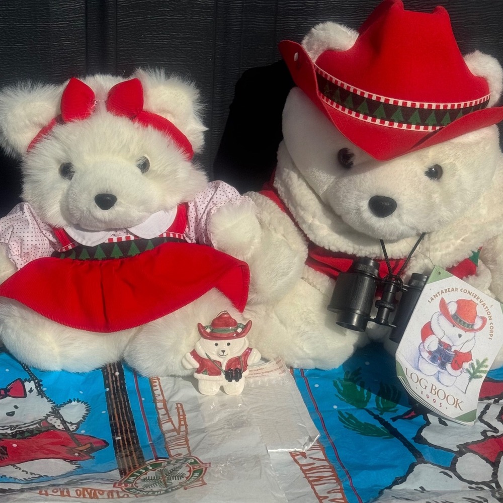 1995 Santabear and Miss Bear Conservation Corps Plush Set with Ornament and Bags